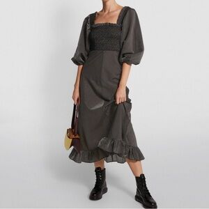 Ganni Seersucker Striped Smocked Balloon Sleeve Maxi Ruffle Dress Brown Black 2